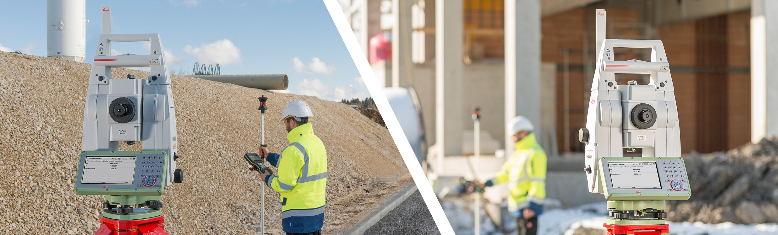 Leica TS13 robotic total station on a tripod out in the field two images