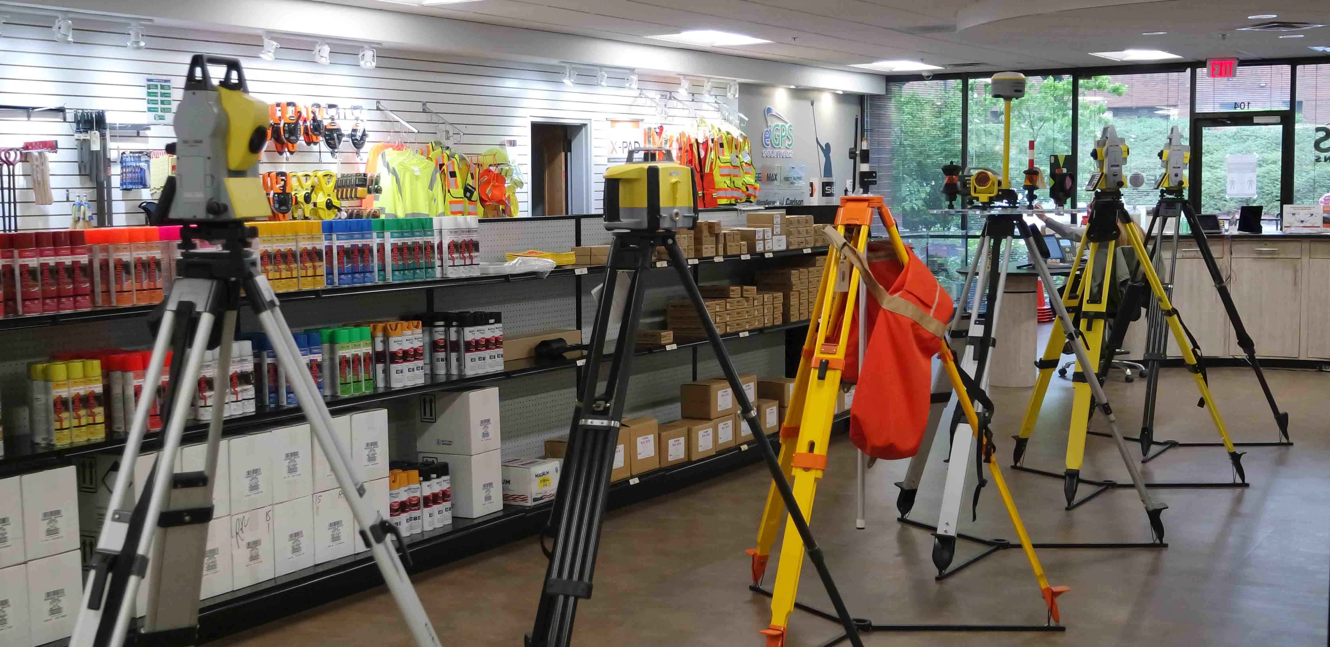 egps solutions showroom with surveying equipment and supplies on display